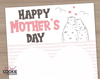May include: A printable card with the text "Happy Mother's Day" in pink and brown lettering. The card features a drawing of two bears hugging with hearts above them. The background is white with a pink wavy pattern.