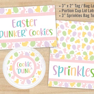 Pasen DUNKER Cookies printbare set, 3&quot;x2&quot; Dunkers Label/Tag, 3&quot; Sprinkles Bag Topper en 2&quot; & 2,25&quot; Portion Cup Lid Label/Tag, Dunkers Set