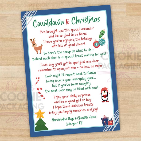 Elf Cookie Advent Calendar POEM Navy Blue (Digital File) 5" x 7", Christmas Cookie Advent Calendar Elf Poem Card, Kids Advent Calendar Poem