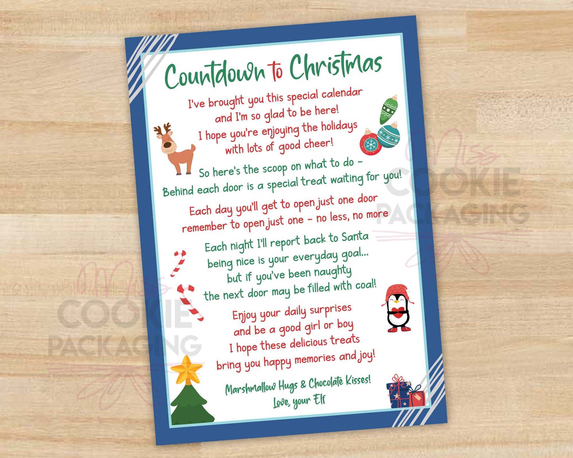 Elf Cookie Advent Calendar POEM Navy Blue (Digital File) 5" x 7", Christmas Cookie Advent Calendar Elf Poem Card, Kids Advent Calendar Poem