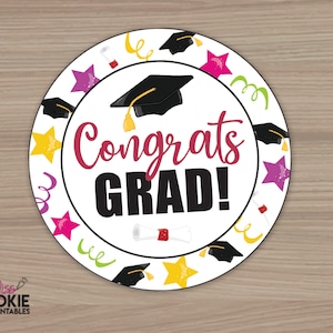 Imprimible “¡Felicidades GRAD!” Etiqueta de galleta Etiqueta de galleta de celebración de graduación redonda de 2 pulgadas - Etiqueta de graduación de cuarentena - Etiqueta de embalaje de galletas