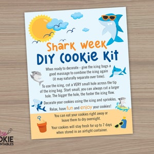 Shark Week and Shark DIY Cookie Kit Instructions Card 4&quot; x 5&quot; Shark Week Summer Cookie Decorating Beach Pail Ocean Cookie DIY Printable Card