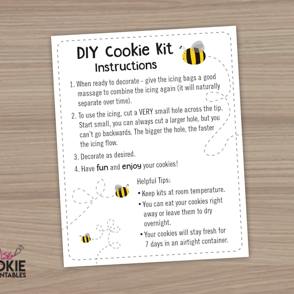 Spring Fun DIY Cookie Kit Instructions - Bee Happy Spring DIY Cookie Kit Card - Printable Card - 4" X 5" - Printable Cookie Card