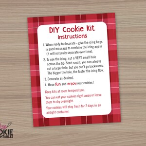DIY Cookie Kit Instructions - Red Plaid - Printable Card - 4&quot; X 5&quot; - Cookie Packaging - Digital Download