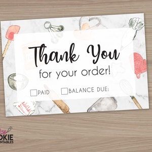 May include: A white thank you card with a watercolour background of kitchen tools and a marble countertop. The text "Thank You for your order!" is printed in black. There are two checkboxes, one labelled "PAID" and the other labelled "BALANCE DUE."