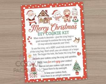 Merry Christmas DIY Cookie Kit Instructions Card 4&quot;x5&quot;, Christmas Kids Cookie Decorating Kit Card, Winter Cookie Kit Activity Instructions