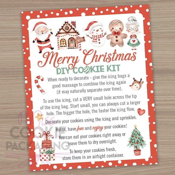 Merry Christmas DIY Cookie Kit Instructions Card 4"x5", Christmas Kids Cookie Decorating Kit Card, Winter Cookie Kit Activity Instructions