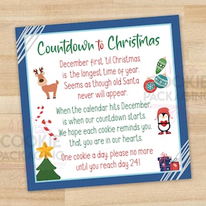 POEMA do calendário do advento de biscoitos azul marinho de 24 dias (arquivo para impressão) 5" x 5", cartão de calendário do advento de biscoitos de Natal, mini cartão de biscoitos de Natal