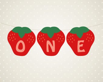 Strawberry ONE Verjaardag Banner, Aanpasbaar, Instant download, DIY, Afdrukbaar