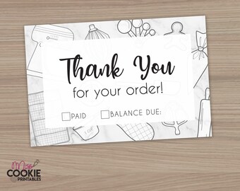 May include: Black and white printable thank you card with a marble background and baking themed illustrations. The card has checkboxes for "Paid" and "Balance Due".