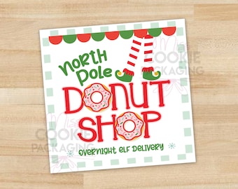 4&quot; North Pole DONUT Overnight Elf Delivery Christmas Cookie Square Tag, Christmas Pizza Box Cookie Tag, Christmas Donut Box Label, Elf Donut