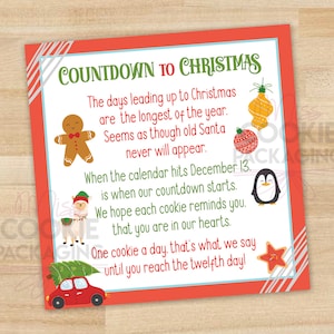 Poema do calendário do advento de biscoitos de 12 dias (arquivo para impressão) 5 "x 5", cartão de calendário do advento de biscoitos de Natal, mini cartão de biscoitos de Natal