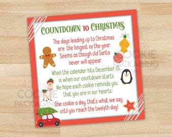 12 Day Cookie Advent Calendar POEM (Printable File) 5&quot; x 5&quot;, Christmas Cookie Advent Calendar Card, Mini Christmas Cookie Card