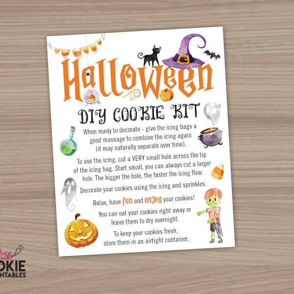 Halloween DIY Cookie Kit Instructions Card 4"x5" Kids Cookie DIY Decorating Kit Card Halloween Pumpkin Cat Bat Zombie Cookie DIY Activity