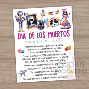 Cartão de instruções do kit de biscoitos Dia de los Muertos 4 "x 5", cartão do kit de decoração de biscoitos DIY para crianças do Dia dos Mortos, instruções de atividades de biscoitos