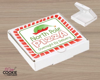 2"/3"/4" & 8" North Pole PIZZA Overnight Elf Delivery Christmas Cookie Square Tag, Christmas Pizza Cookie Tag, Christmas Pizza Box Label