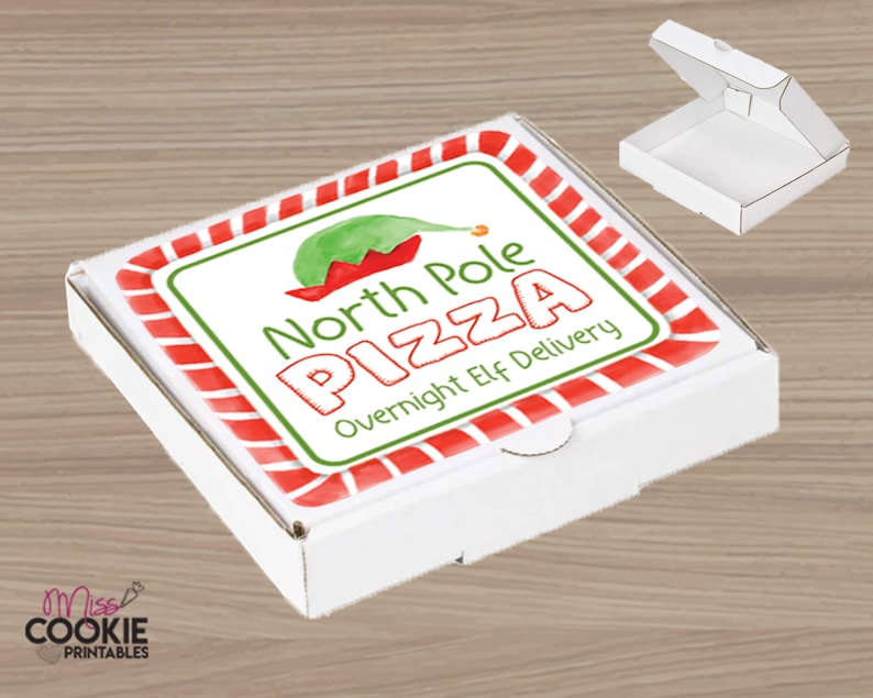 2'/3'/4' & 8' North Pole PIZZA Overnight Elf Delivery Christmas Cookie Square Tag, Christmas Pizza Cookie Tag, Christmas Pizza Box Label 