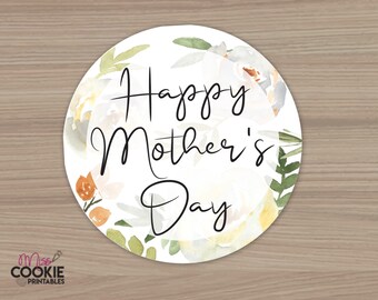 Printable “Happy Mother's Day” White floral Cookie Tag 2 inch Round Mother's Day Cookie Tag - Mom Gift Tag - Cookie Packaging Tag