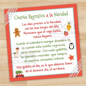 SPANISH - 12 Day Cookie Advent Calendar POEM (Printable File) 5&quot; x 5&quot;, Christmas Cookie Advent Calendar Card, Mini Christmas Cookie Card