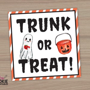 May include: A white sign with orange and white stripes around the border. The sign says "TRUNK OR TREAT!" in black text. There is a white ghost holding a small pumpkin and a red bucket with a jack-o-lantern face on it.