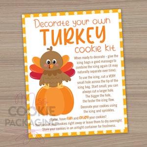 Türkei Thanksgiving Dekorieren Sie Ihre eigene Cookie Kit Anleitungskarte 4 "x5", Kids Cookie Decorating Kit Card, Türkei DIY Cookie Kit Aktivität