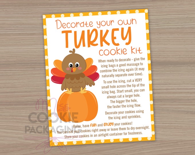 Turkey Thanksgiving Decorate Your Own Cookie Kit Instructions Card 4x5