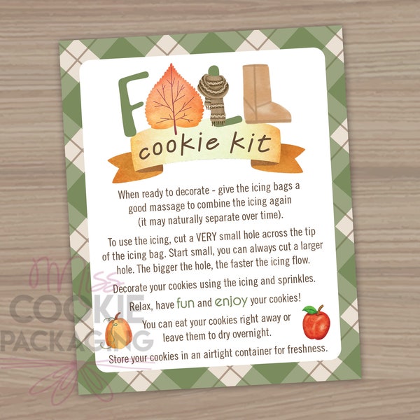 FALL DIY Cookie Kit Instructions Card 4"x5", Fall Kids Cookie DIY Decorating Kit Card, Autumn Leaf Boot Apple Cookie Activity Instructions