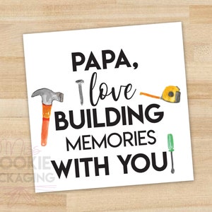 Papai, adoro CONSTRUIR memórias COM VOCÊ! Etiqueta de biscoito do dia dos pais, etiqueta de biscoito quadrada de 2" do dia dos pais, biscoito de construção, etiqueta de biscoito de ferramenta