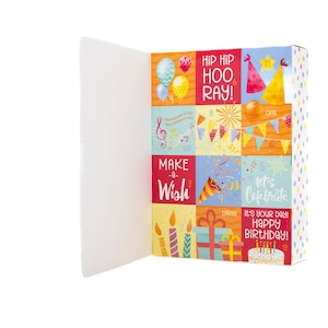 May include: A colorful birthday advent calendar with a red, yellow, and blue color scheme. The calendar has 12 doors with different birthday-themed illustrations, including balloons, cake, and confetti. The text on the calendar says "Hip Hip Hoo Ray!" and "It's your day! Happy Birthday!"