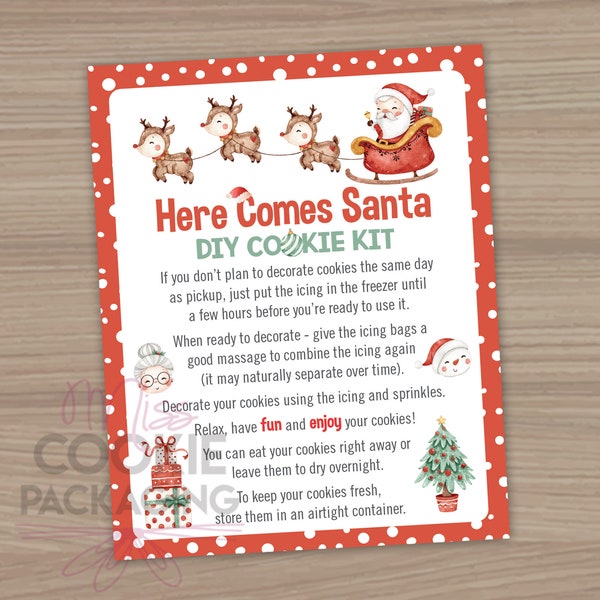 Here Comes Santa DIY Cookie Kit Instructions Card 4"x5", Christmas Kids Cookie Decorating Kit Card, Winter Cookie Kit Activity Instructions