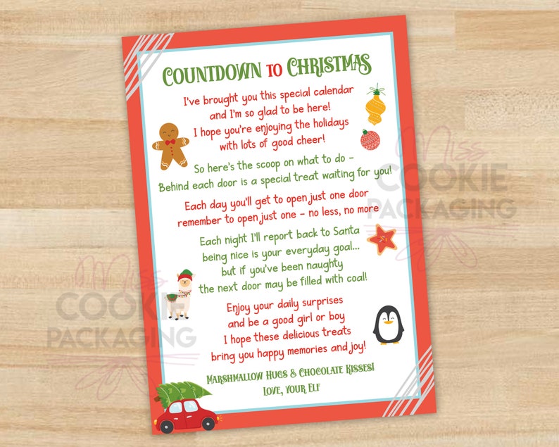 Elf Cookie Advent Calendar POEM printable File 5 X Etsy