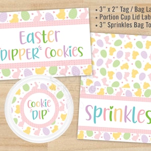 Easter DIPPER Cookies printbare set, 3&quot;x2&quot; Dippers Label/Tag, 3&quot; Sprinkles Bag Topper en 2&quot; & 2,25&quot; Portion Cup Lid Label/Tag, Dippers Set
