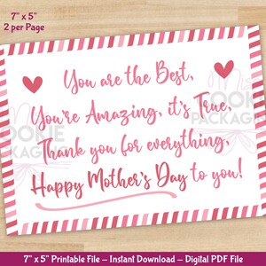 Happy Mother's Day Gedicht - Druckbare Keks-Karte für Miss Cookie Verpackung Love Box, 7 "X 5" Muttertags-Plätzchen-Karte, Happy Mother's Day Card
