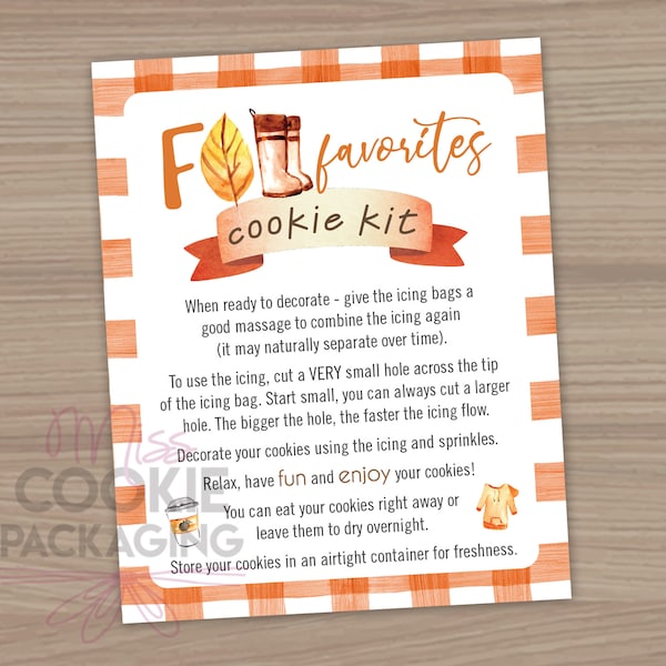 FALL DIY Cookie Kit Instructions Card 4"x5", Fall Kids Cookie DIY Decorating Kit Card, Cozy Chair Leaf Cookie Activity Instructions