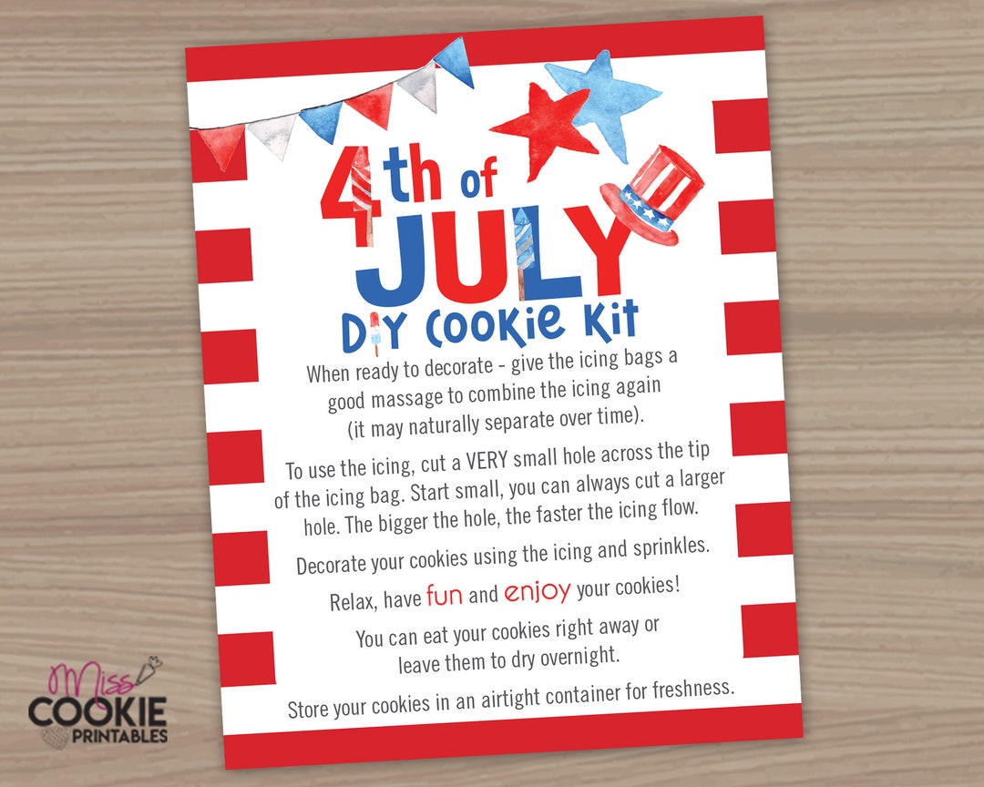 Printable 4th of July Cookie Kit Instruction Card 4"x5" Cookie ...