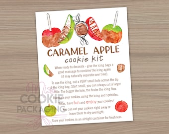 Caramel Apple DIY Cookie Kit Instructions Card 4"x5", Fall Kids Apple Cookie DIY Decorating Kit, Caramel Apple Cookie Activity Instructions