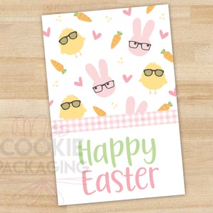 Joyeuses Pâques 2 "x 3" étiquette à biscuits, étiquette à biscuits Chick Bunny Glasses, étiquette de lapin de Pâques, étiquette d'emballage de biscuits poussins, lapins, carottes et coeurs
