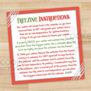 24 Day Cookie Countdown Freezing Instructions (Printable File) 5&quot; x 5&quot;, Christmas Cookie Advent Calendar Card, Mini Christmas Cookie Card