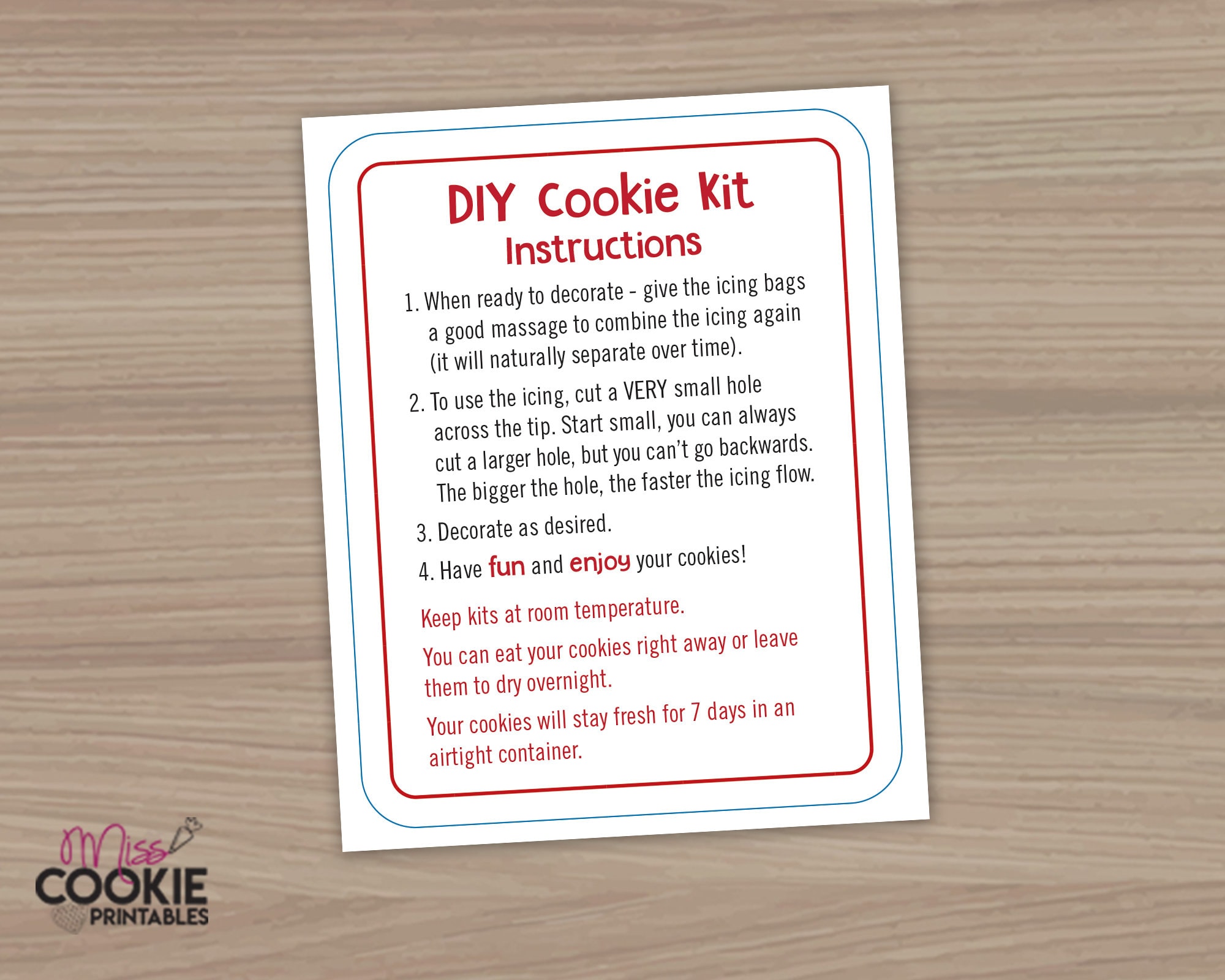 DIY Cookie Kit Instructions Blue Red Border Printable Card - Etsy