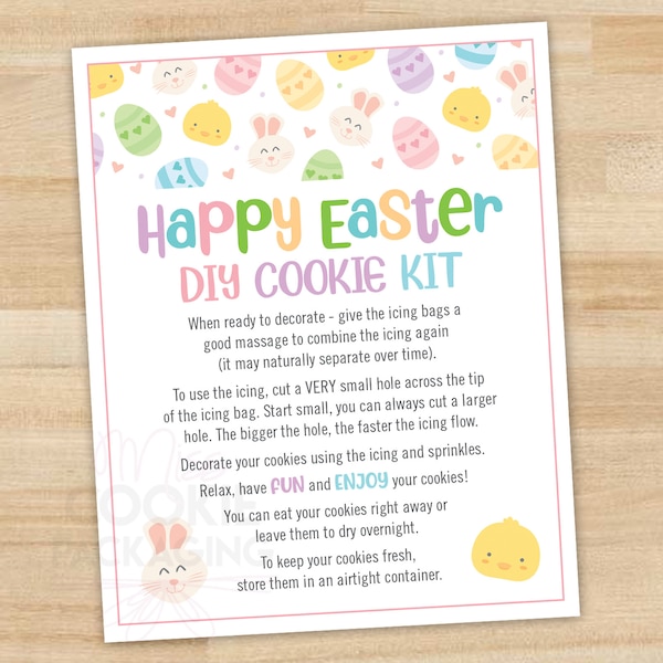 Easter DIY Cookie Kit Card, 4"x5" Chick Bunny Egg Hearts DIY Cookie Kit Card, Easter Cookie Kit Card, Spring DIY Cookie Kit Instruction Card