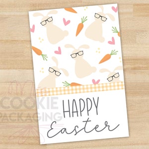 Joyeuses Pâques 2 "x 3" cookie tag, Tan Colored Hipster Bunny cookie tag, Orange Gingham gift tag, Bunny with Glasses Cookie Packaging tag