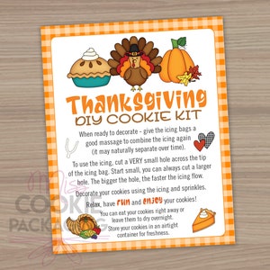 Thanksgiving Décorez votre propre kit de cookies Carte d'instructions 10,2 x 12,7 cm, carte de kit de décoration de cookies pour enfants, carte de kit de cookies DIY Tarte à la citrouille de dinde