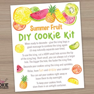 Kit de galletas de frutas de verano imprimible Tarjeta de instrucciones 4"x5" Decoración de galletas Etiqueta de galleta Galleta Tarjeta de instrucciones DIY Empaque comercial de galletas