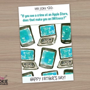 Peut inclure: Une carte blanche avec un motif aquarelle bleu et vert d'ordinateurs portables et de téléphones. La carte dit "DAD JOKE #20: "Si vous voyez un crime dans un Apple Store, est-ce que cela fait de vous un iWitness?" JOYEUX FÊTE DES PÈRES!"
