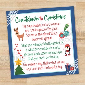 12 dagen marineblauwe Cookie adventskalender GEDICHT (afdrukbaar bestand) 5 "x 5", Christmas Cookie adventskalenderkaart, Mini Christmas Cookie Card