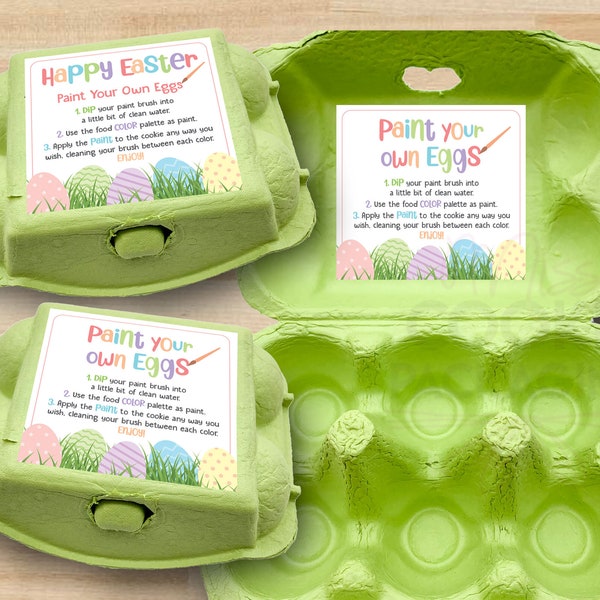 Paint Your Own Eggs Egg Carton Printable File, Happy Easter PYO Egg Carton Label, 6 pack Egg Carton Paint Your Own Eggs Cookies Instructions