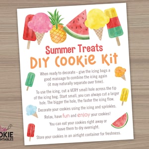 Imprimible Summer Treats Cookie Kit Tarjeta de instrucciones 4"x5" Cookie Decorating Cookie Tag Cookie DIY Tarjeta de instrucciones Cookie Business Packaging