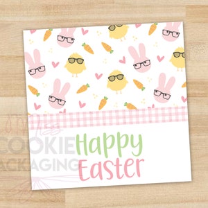 Joyeuses Pâques 2" Bunny Chick Glasses Cookie Tag, Nerdy Easter Rabbits and Chicks Gift Tag, Bunnies Chicks with Glasses Cookie Packaging Tag