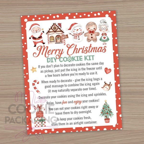 Merry Christmas DIY Cookie Kit Instructions Card 4"x5", Christmas Kids Cookie Decorating Kit Card, Winter Cookie Kit Activity Instructions