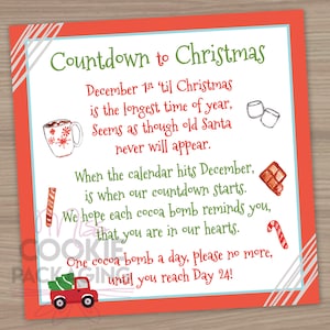 Hot Cocoa Bomb Advent Poem 5&quot; x 5&quot; PRINTABLE Card, Christmas Cocoa Bomb Countdown Card, Christmas Hot Cocoa Bomb Card